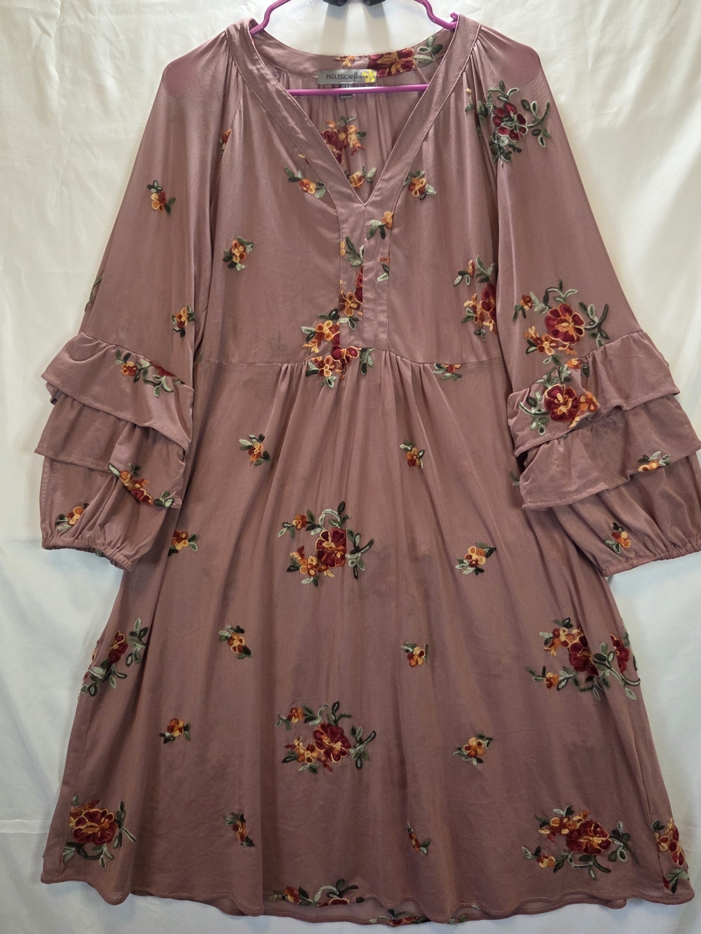Figueroa & Flower Medium Dusty Rose Floral Embroidered Mesh Tiered Sleeve Dress